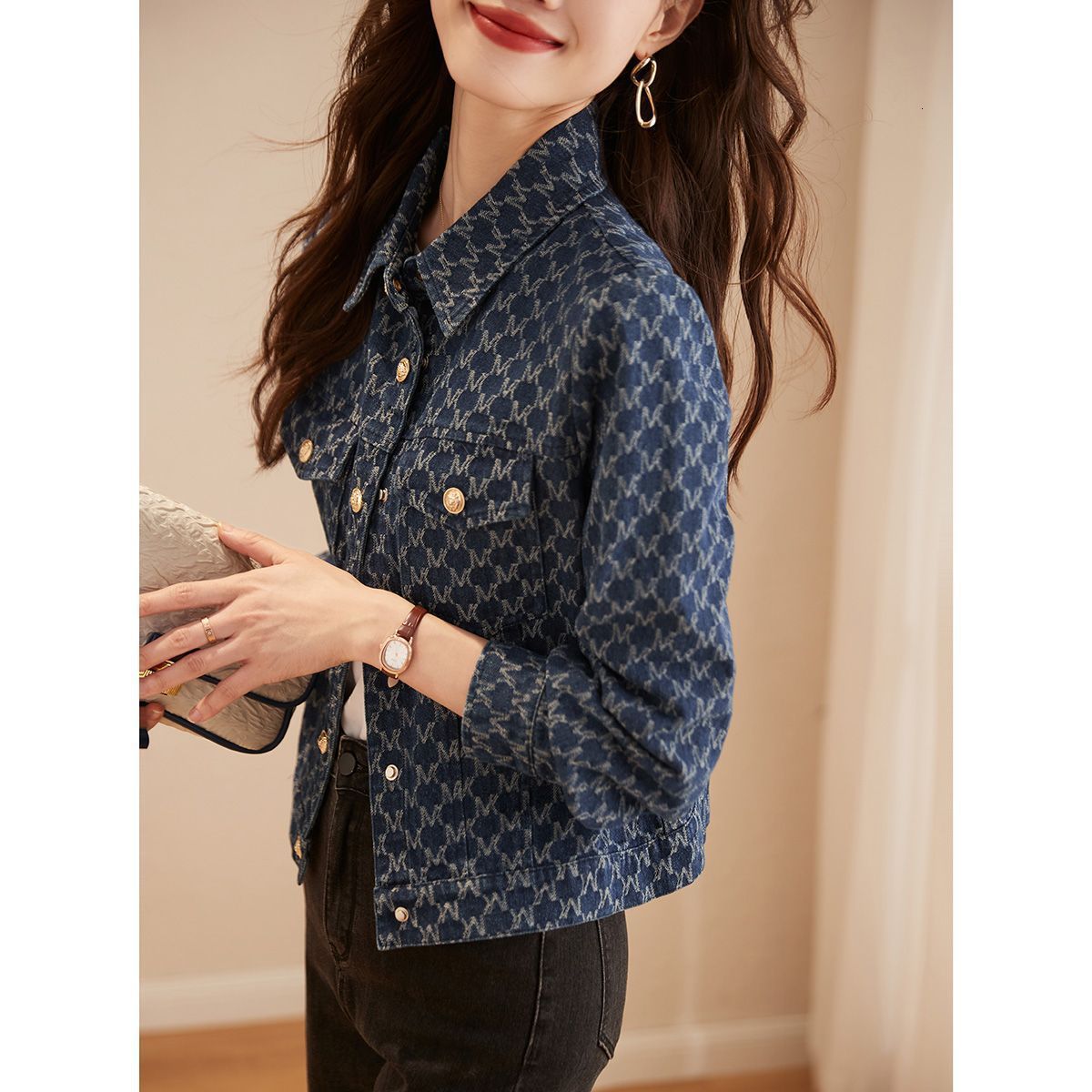 Spring Autumn Check with Print Graphic Outerwears Blue Mix Color Female Jeans Coat Womens Denim Jackets Chic and Elegant 250723