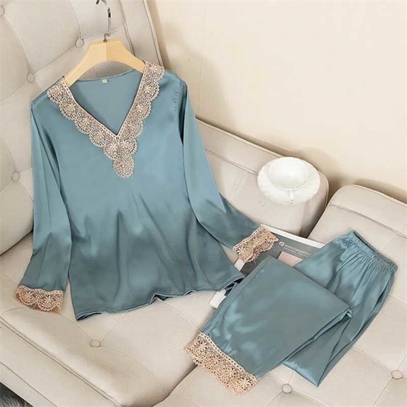 Women's Sleepwear 4611c-4 Womens Silk Satin Pajamas Pyjama set Sleepwear Pajamas Suit Female Sleep Two Piece Set Loungewear Home Wear49b1-1 23041