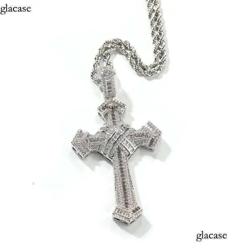 Hip Hop Cross Pendants Necklace Platinum Plated Men Women Lover Gift Religious Jewelry with Leather Rope Chain
