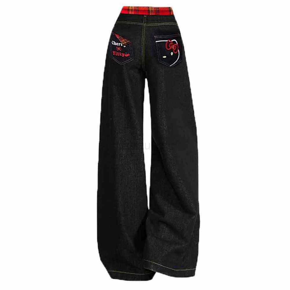 Sanrio 2025 New Long Pants Sweet American Hot Girls Hello Kitty Cat Embroidered Jeans Cute Womens Black Straight High Waist Wide Legs L250925