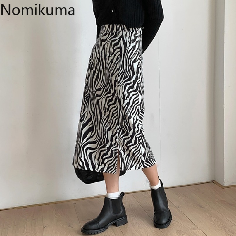 Nomikuma Vintage Zebra Striped Women Skirt Korean High Waist A-line Split Skirts Autumn Elegant Faldas Mujer Moda 6C596 210427