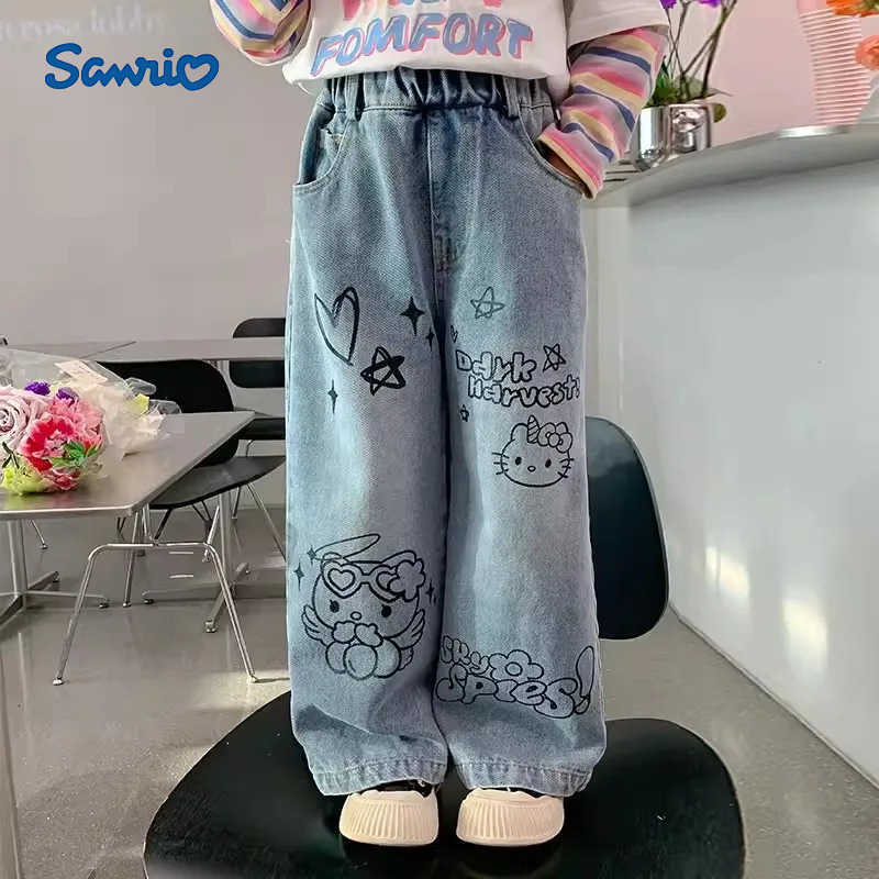 Sanrio Hello Kitty Child Cotton Jeans Loose Wide Leg Pants ChildrensPants Soft Straight Leg Pants Sweet Girls Gift L250925