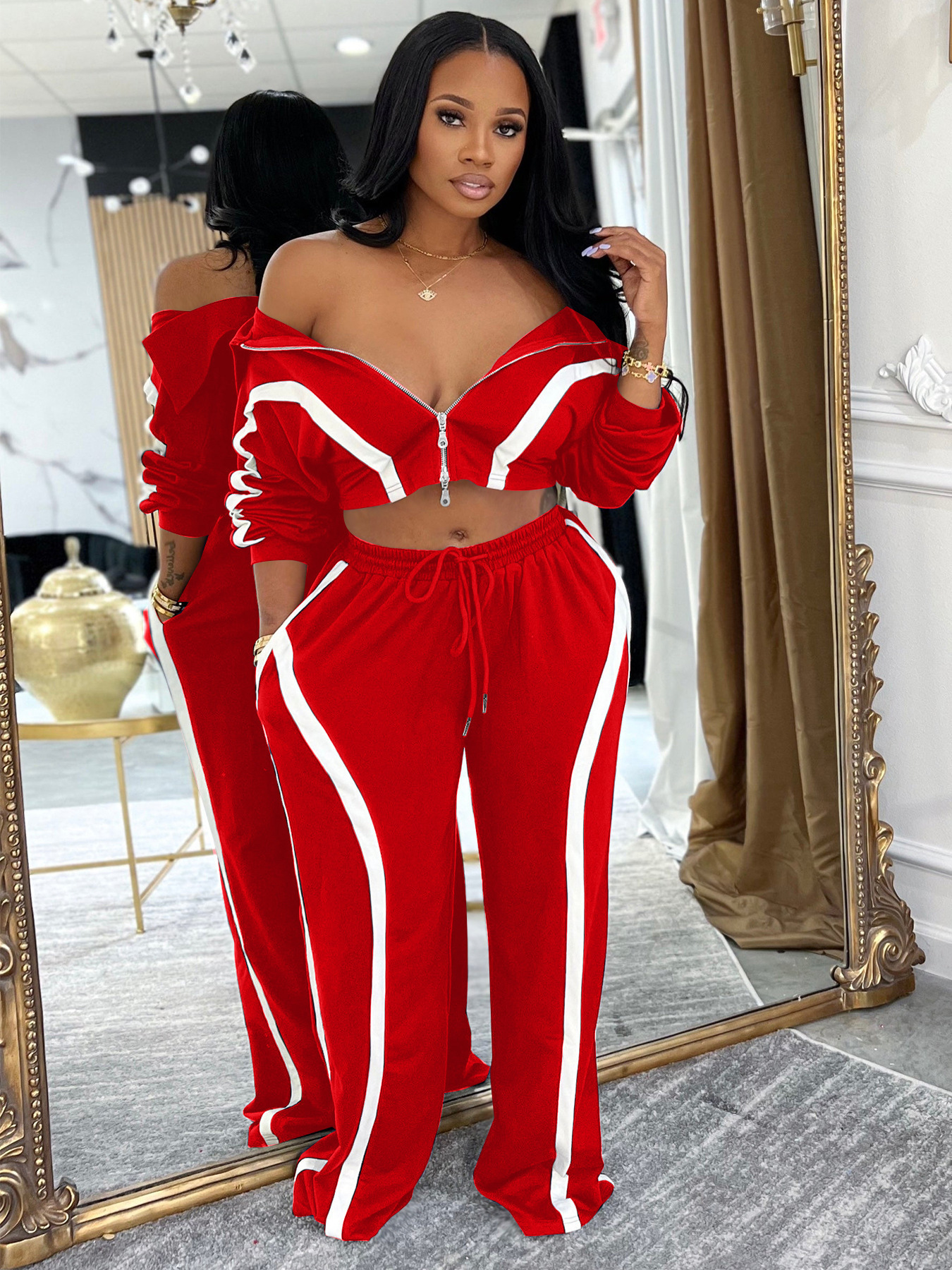 Y1361 New Women's Fashion Color Block Loose Straight Pants Sports Casual Two-Piece Set