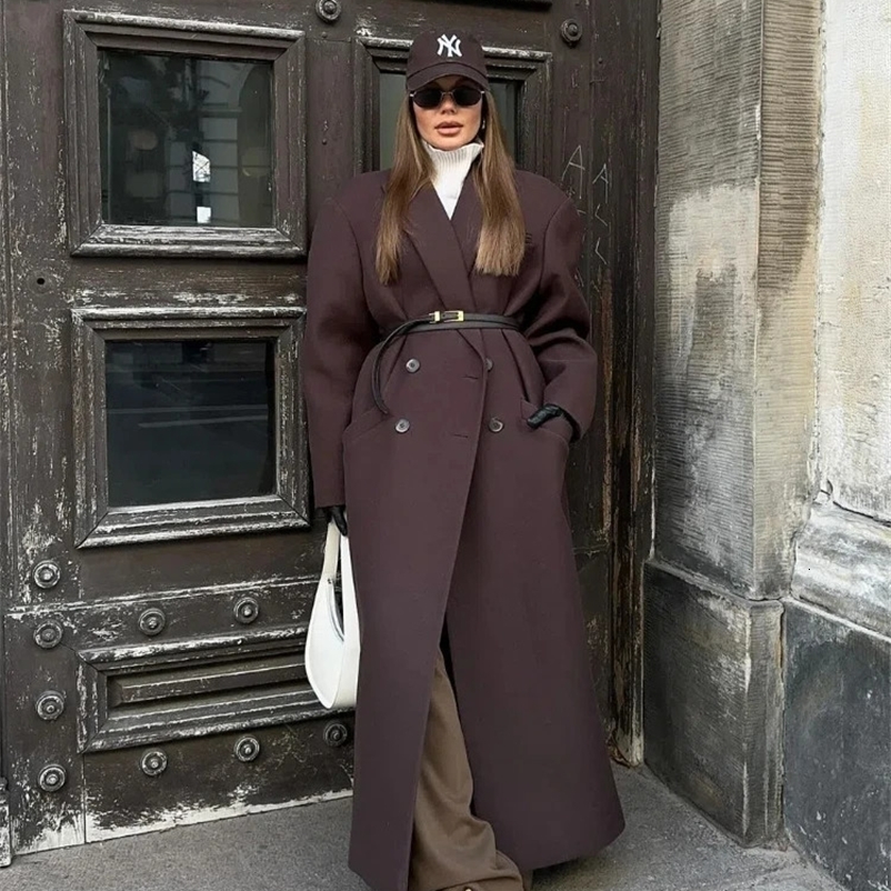 Fashion pocket long sleeved casual coat for women elegant double chest lapel wool coat womens autumn warm streetwear 241007