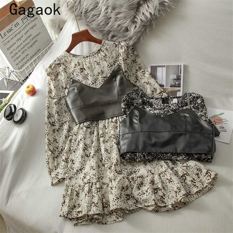 Gagaok Sweet Two Piece Set Women Spring Autumn Korean Chic Wild Fashion Ladies Outfits Floral Dresses + PU Vests 210708