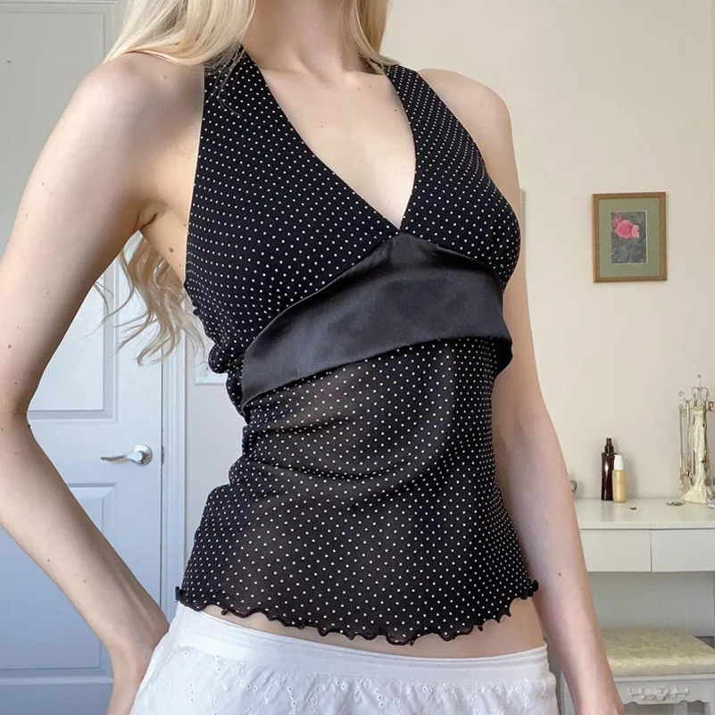 vintage satin decal shoulder strap pendant with neck no back polka dot pendant sexy and ultra-thin suitable for women Versatile mesh vest 250415