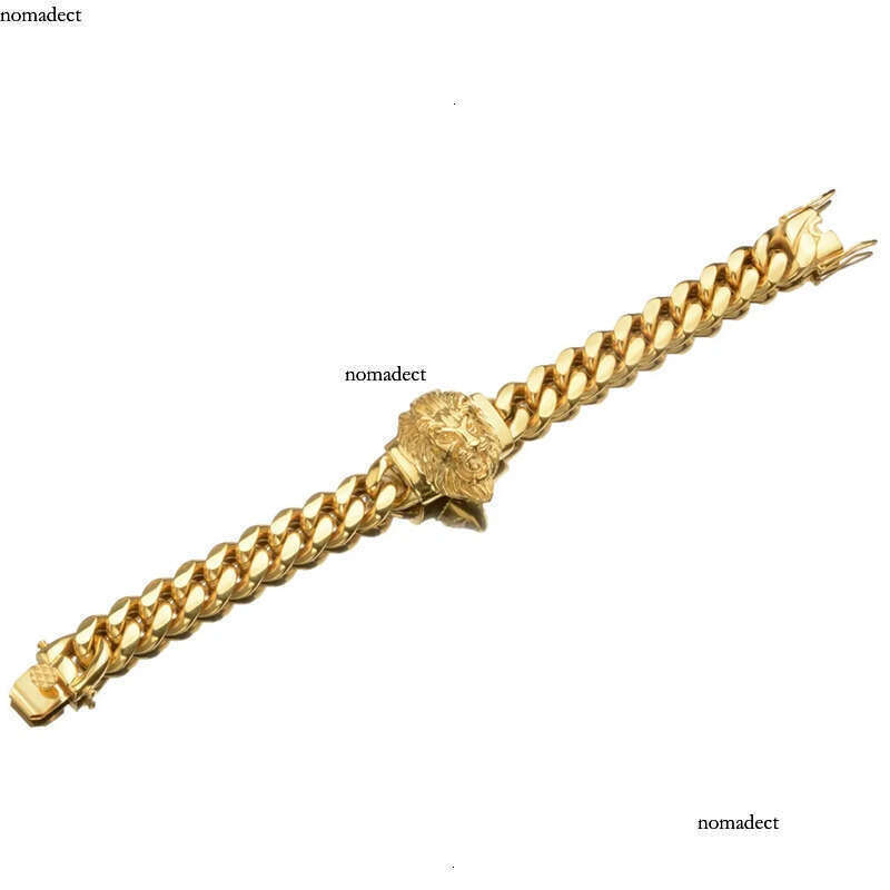 Real Gold Plated Miami Cuban Link Chain Lion Head Men Hip Hop Stainless Steel Jewelry Bracelets 1d