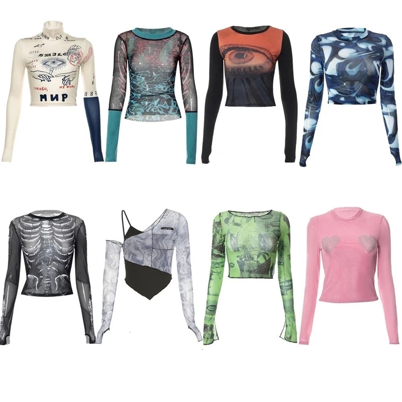 Sexy Crop Top Y2K Vintage Harajuku Graphic Print Mesh Sheer T-shirt Long Flare Sleeve Slim Fit Women Emo Clothes 90s Aesthetic 240409