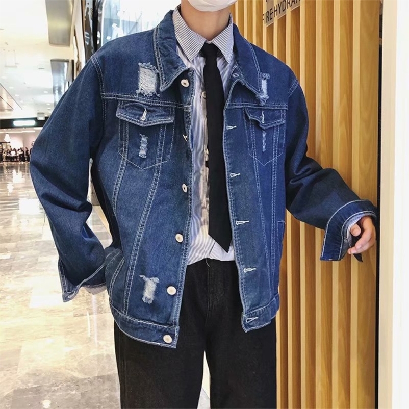 Men's Jackets Denim Jacket men's slim top student loose ripped denim coat 230329