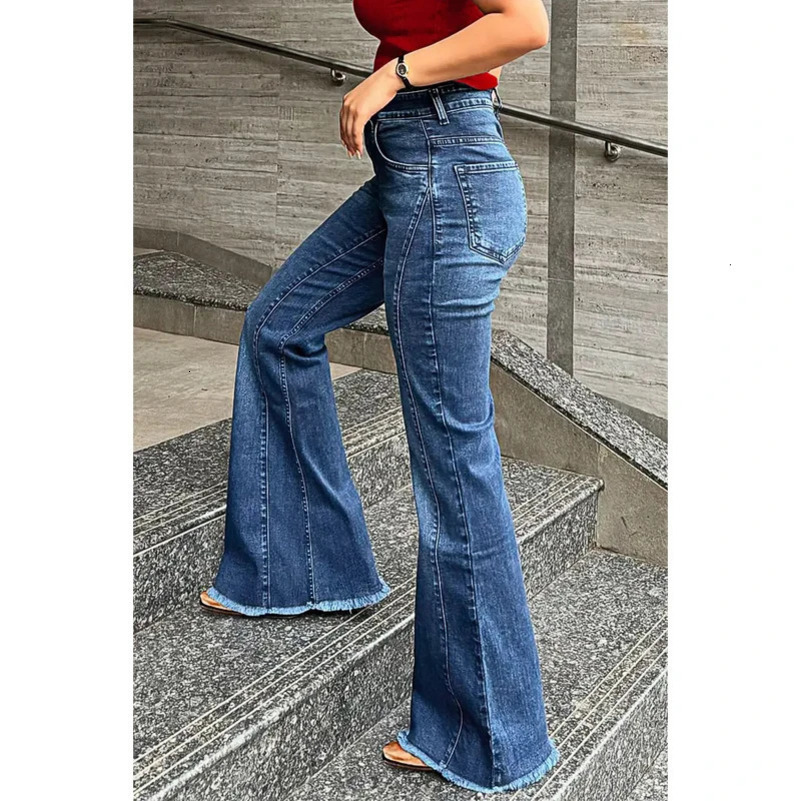 Huangs Stylish High Waist Flare Bell Bottom Jeans Curvy Seam Details Raw Hem Loose Fit Ladies Pants Western Womens Trouser T39 250520