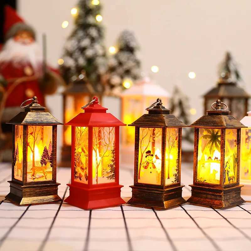 Vintage Christmas Lantern with Snowman and Santa Reindeer Design Battery Powered LED Night Light Desktop Holiday Decoration J250925
