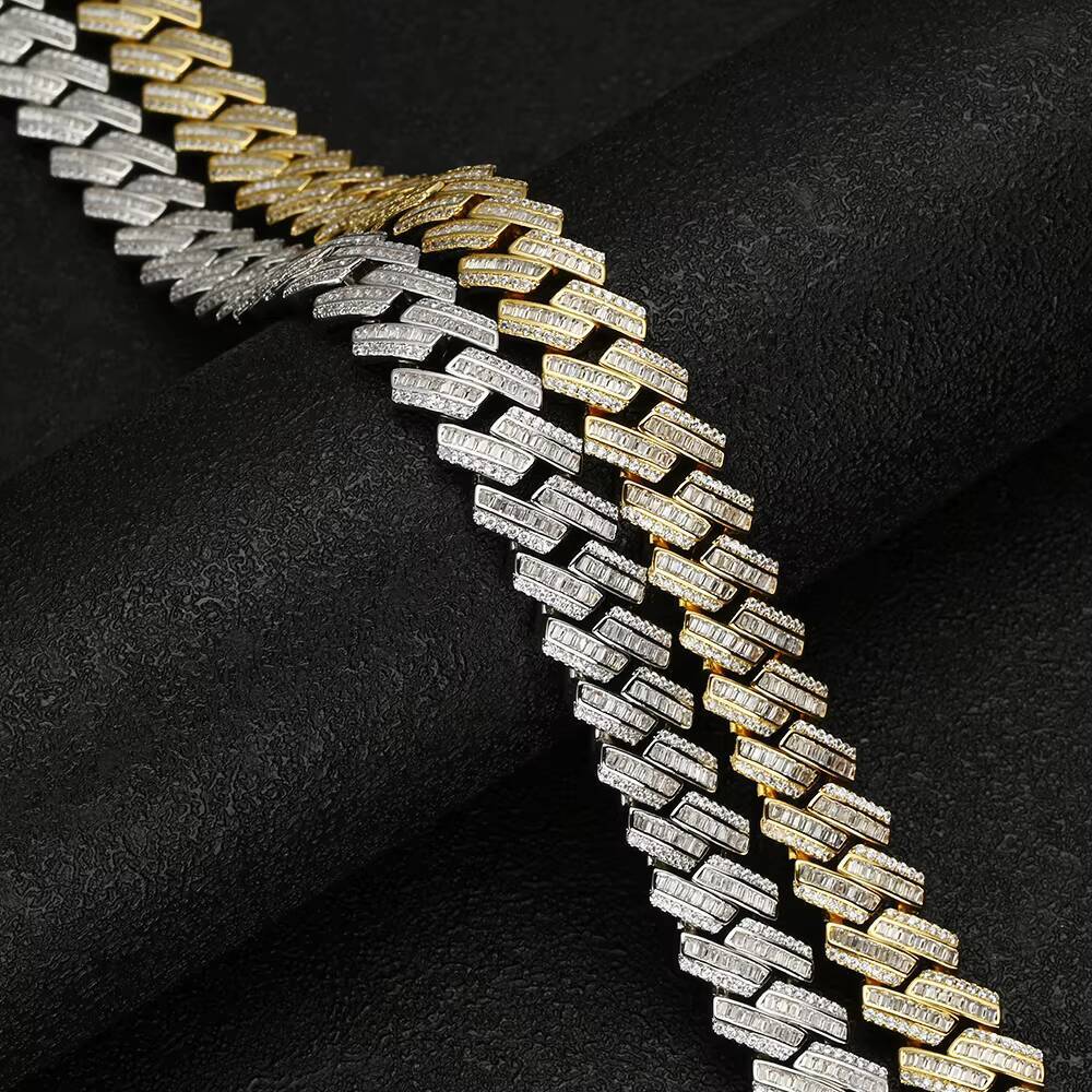 7 8 9 Iced Chain Bling Brass Moissanite Cuban Link Bracelet Gold Plated Hip Hop Jewelry with Micro Pave Moissanite 12mm