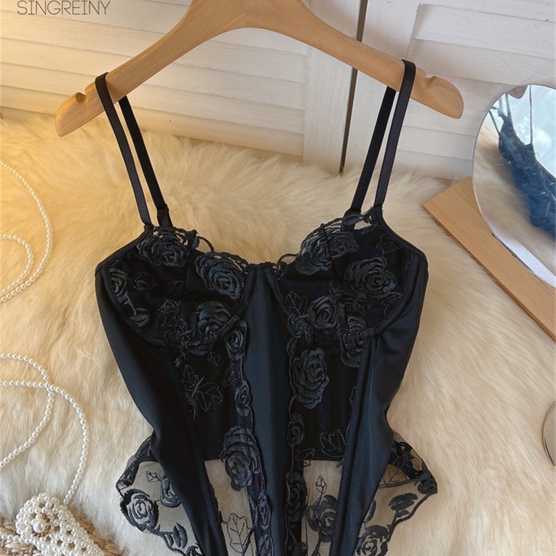 Camisoles Tanks SINGREINY Black Embroidery Floral Lace Camisole Patchwork Women Mesh Strap Slim Elastic Waist Lady Party Club Outwear Tank Top 230421