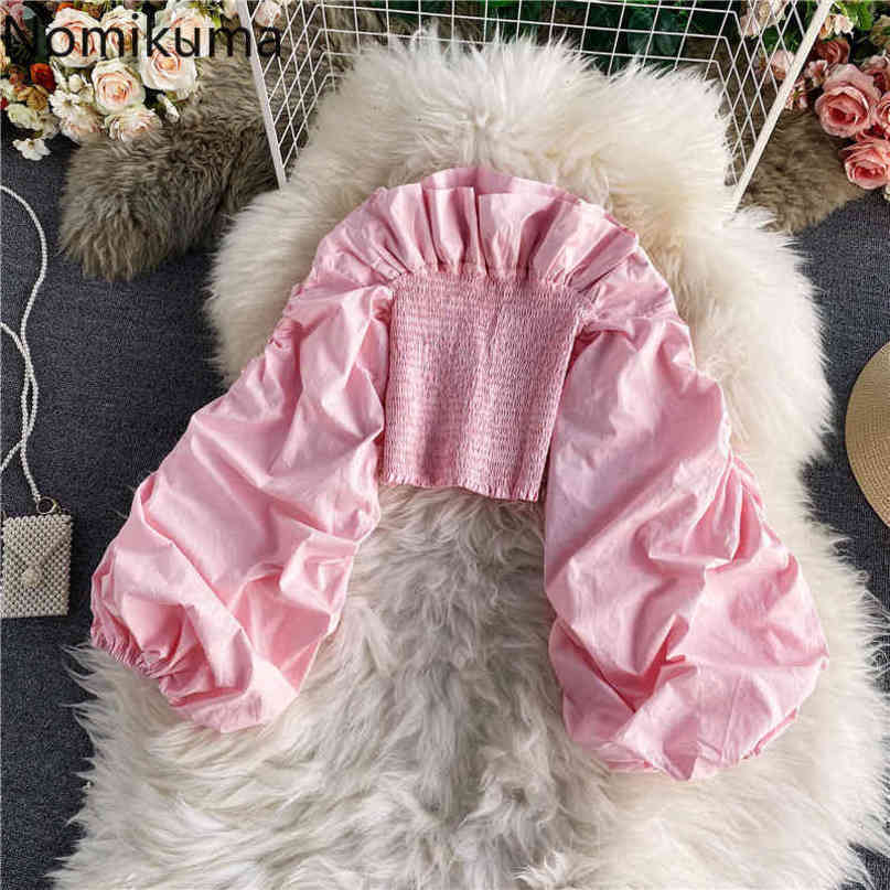 Nomikuma Ruffle Off Shoulder Sexy Strapless Blouse Puff Long Sleeve Women Top Korean Stretch Slim Waist Short Blusas Mujer 6D472 210427