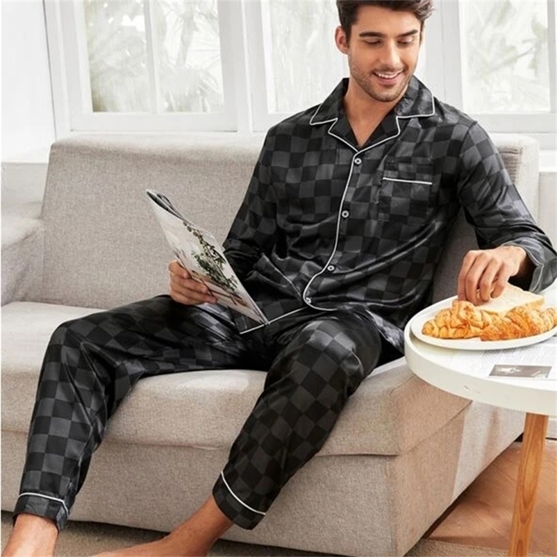 Men's Sleepwear Men Checkered Silk Satin Pajamas Set Home Sleepwear Long Trouser Suit Female Sleep Two Piece Set Couple Loungewear Plus Size 2303
