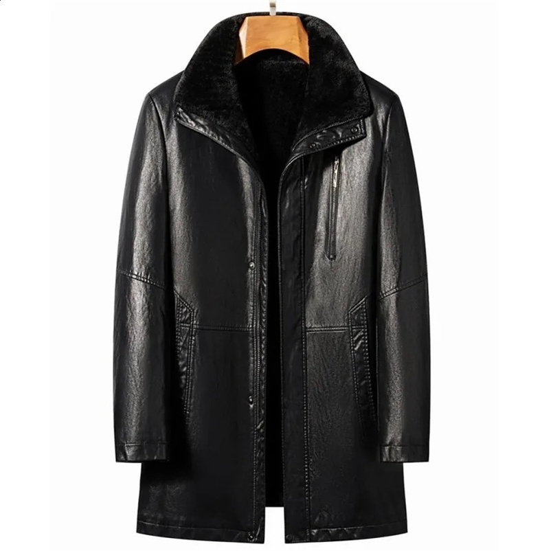 Autumn and winter fur integrated mens leather jacket medium length thick sheepskin collar family casual jacket 240926