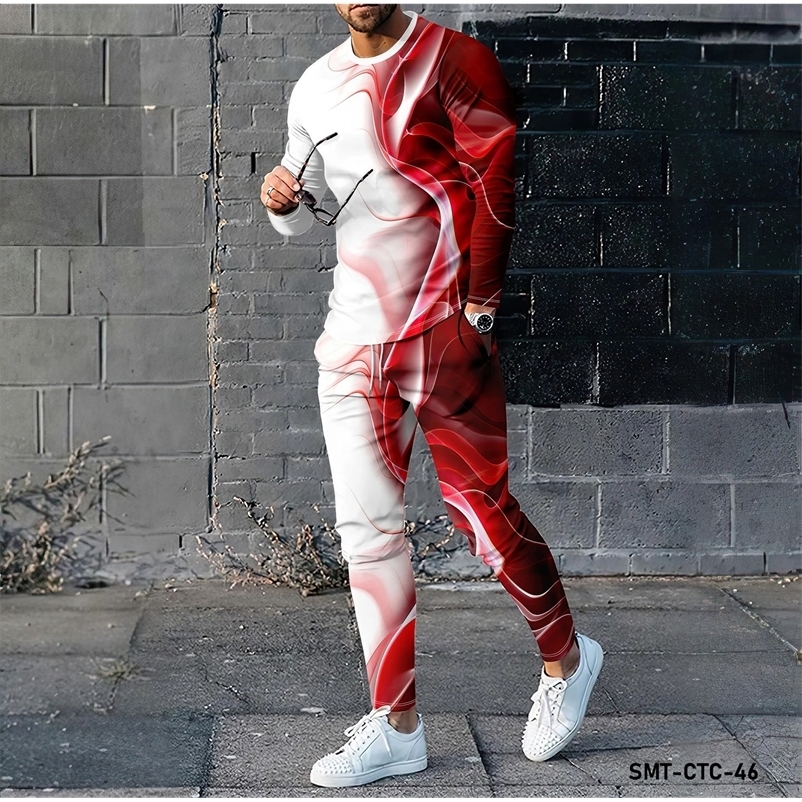 Color line pattern 3D printing mens long sleeved T-shirt long pants set fashion clothing sportswear two-piece set 241203