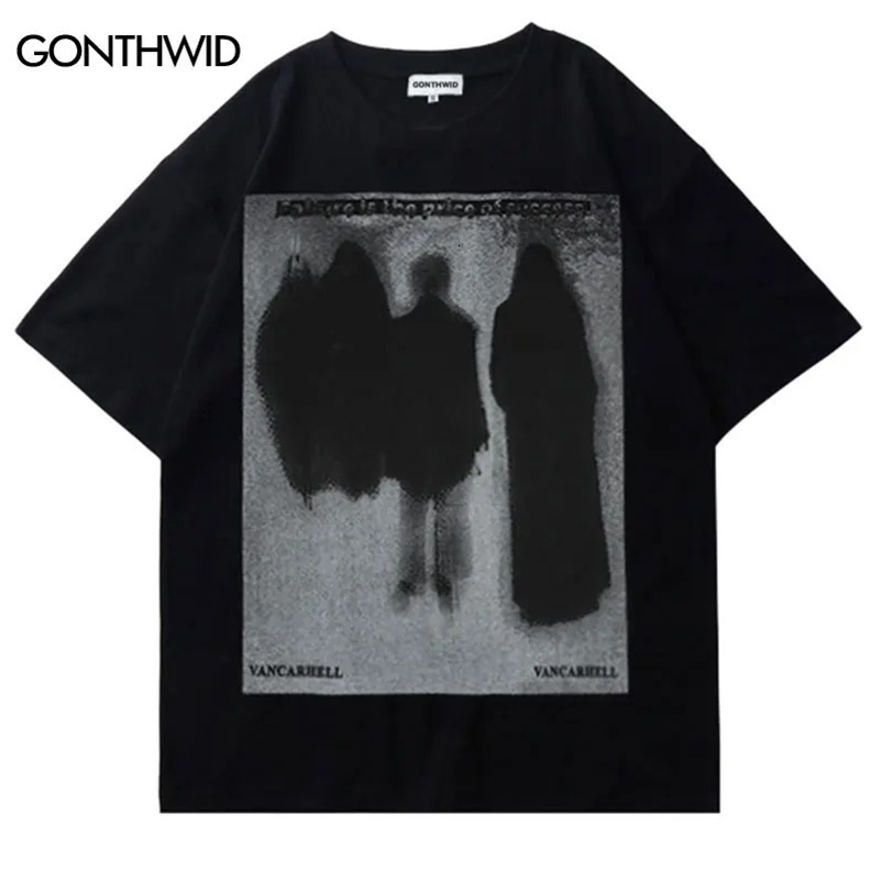 Men Hip Hop T Shirt Streetwear Dark Style Shadow Printed T-Shirt Summer Short Sleeve Tshirt Harajuku Cotton Tops Tees Black 240409