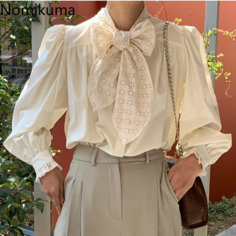 Nomikuma Korean Hollow-out Bow Tie Collar Blouse Shirt Puff Long Sleeve Women Tops Autumn Winter Elegant Blusas Mujer 6D212 210427