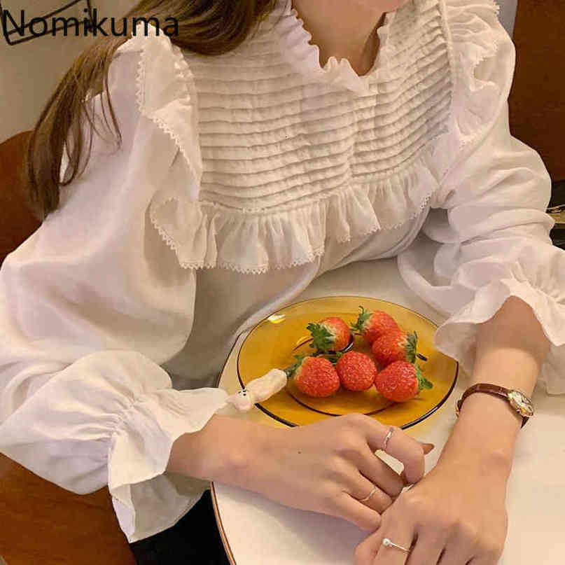Nomikuma Sweet Stand Neck Women Blouse Korean Ruffle Patchwork Shirt Spring New Flare Long Sleeve Causal Blusas Mujer 6D770 210427