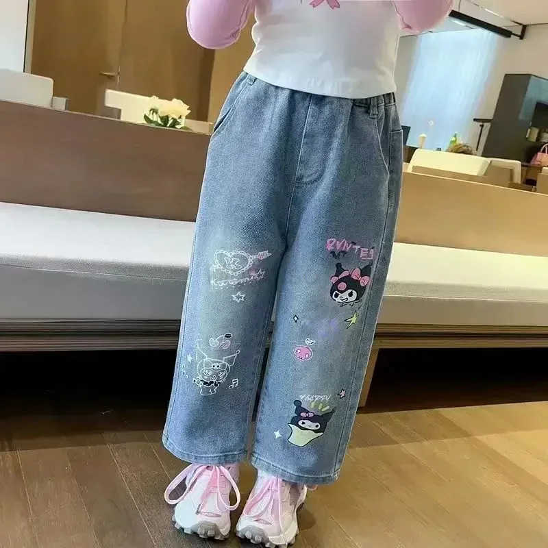 Sanrio New Girls Jeans Kuromi Kids Cartoon Thin Casual Trousers Loose Cute Trousers Anime Peripheral Holiday Gifts L250925