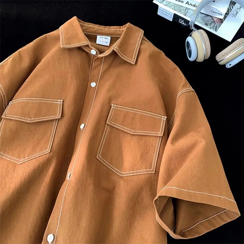 Street men and women unisex trend personalized short sleeved summer shirt couple loose lapel casual retro work attire top y2k 240530