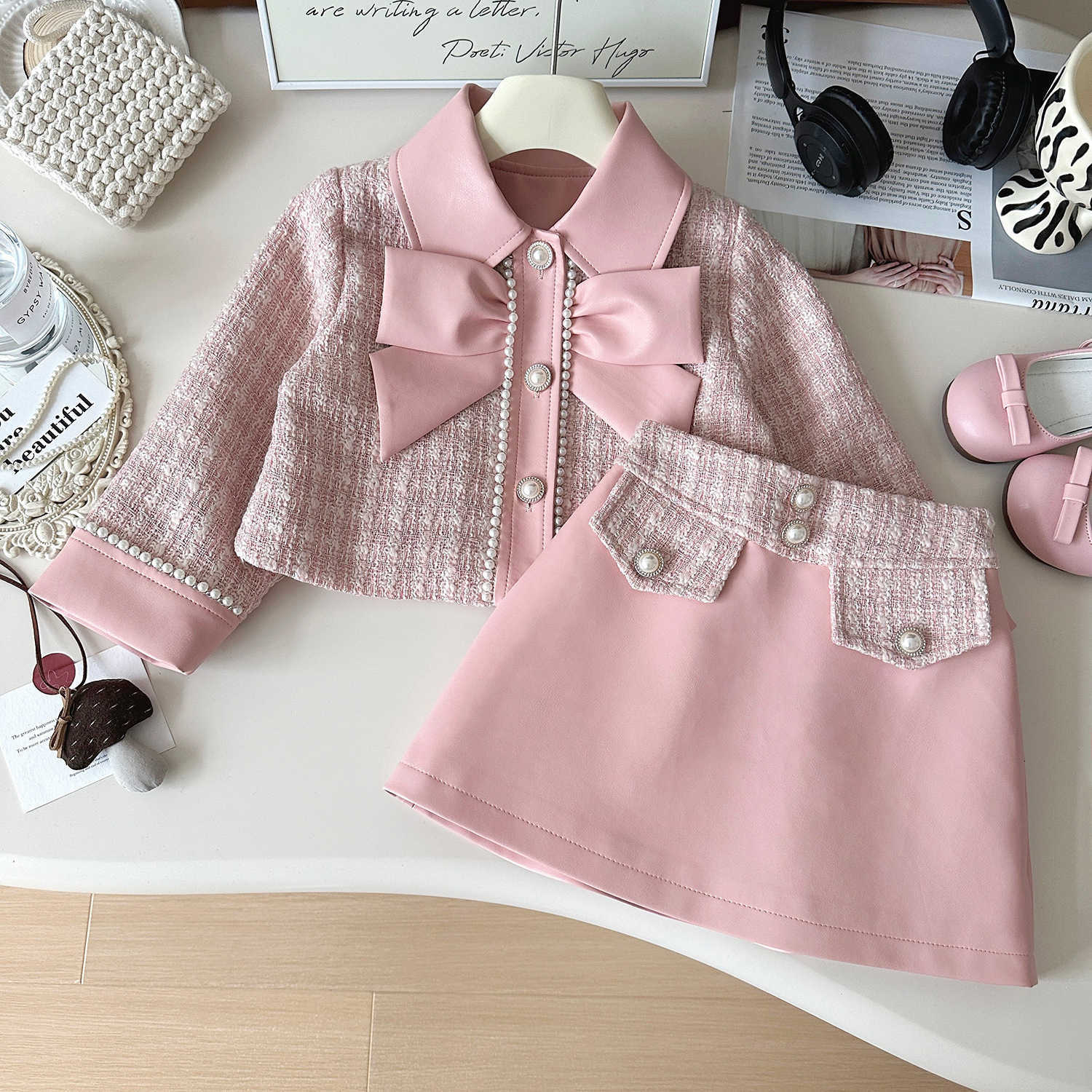 New children's dress set - autumn style - little girl's chic pink coat, short dress and skirt in French high-end two-piece set