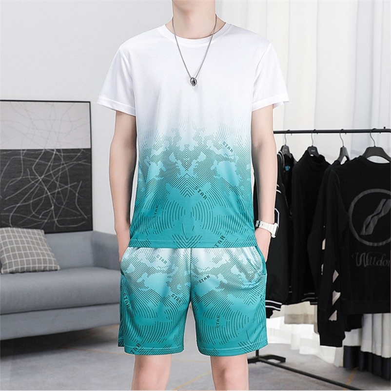 Men's Tracksuits Gradient Short Sleeve Shorts Set Mans Fashion Clothing Summer Quick Dry Casual Outfits Streetwear Sports Tracksuit 230422