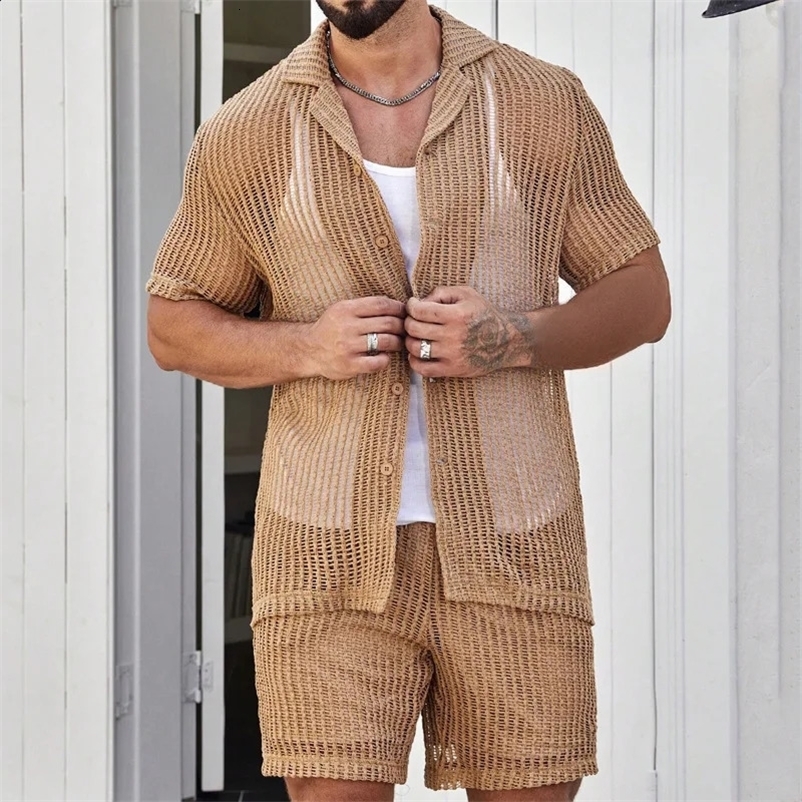 Summer see through mens shirt set mens clothing mens sexy cut shorts two sets of business casual mens polo shirts track and field clothes 241217