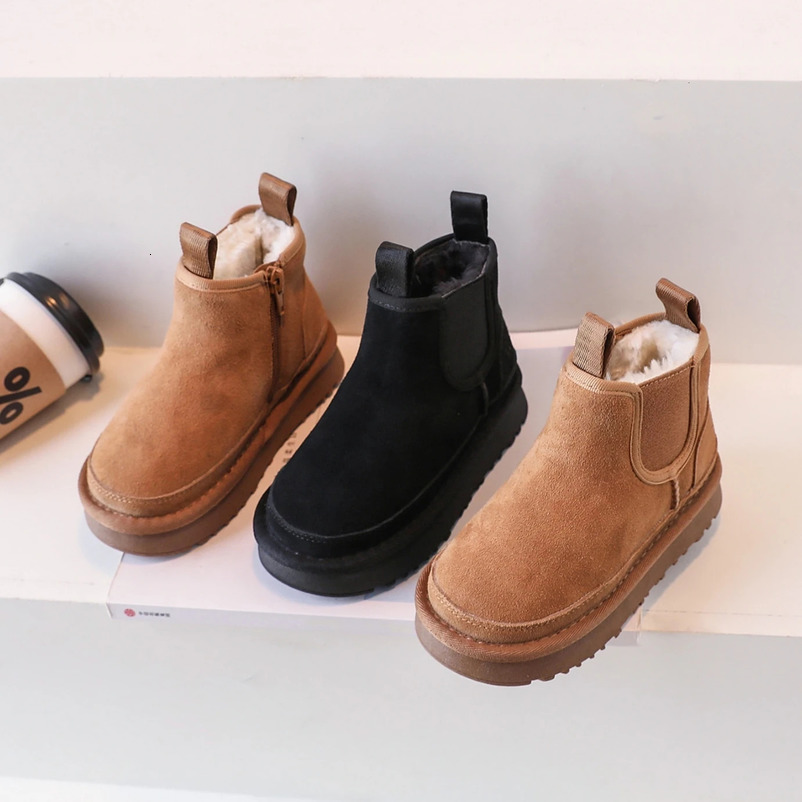 Kids Boots Boys Girls Thick Genuine Leather Warm Thicker Fur Children Winter Non-Slip Solid Zip Snow Boots Baby Suede Shoes 241219
