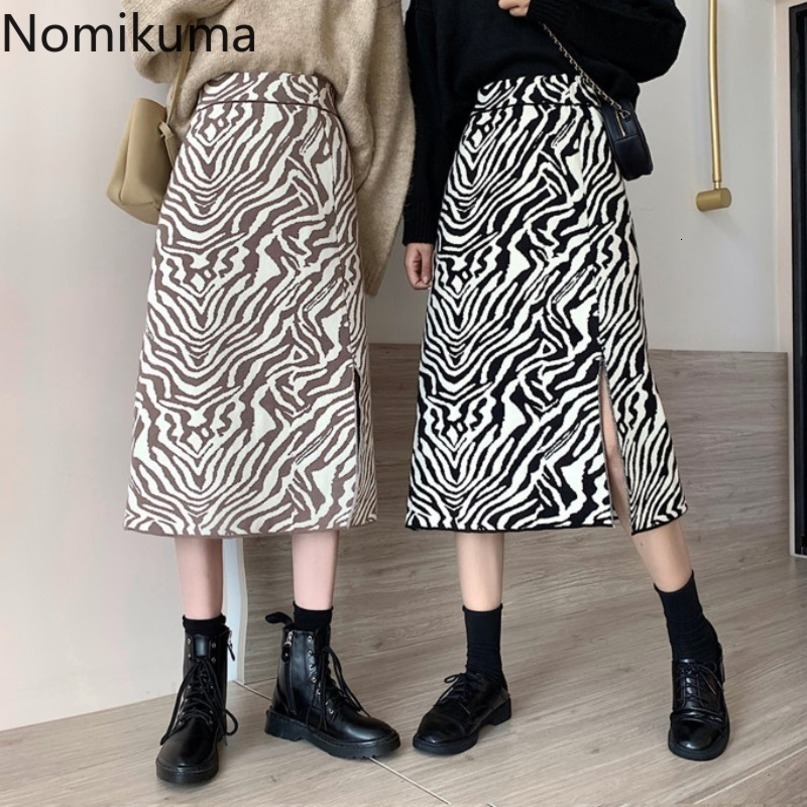 Nomikuma Korean Leopard Women Sweater Skirt High Waist A-line Split Knitted Skirts Autumn Winter Thick Faldas Mujer 6D077 210427