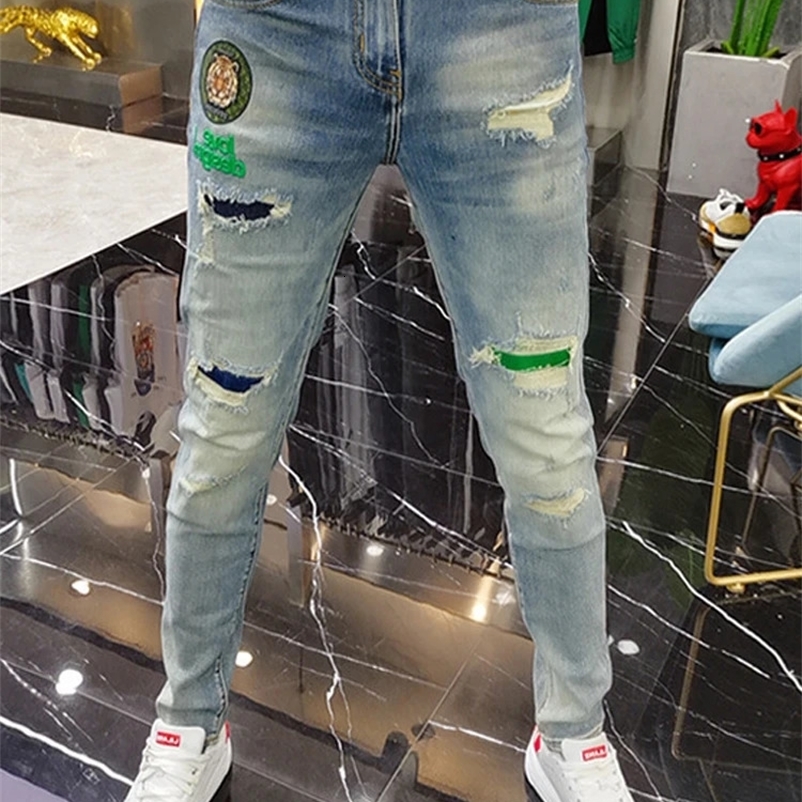 mens open top patchwork jeans embroidered leggings high-quality ultra-thin retro blue hip-hop jeans streetwear mens denim Trouser 250118