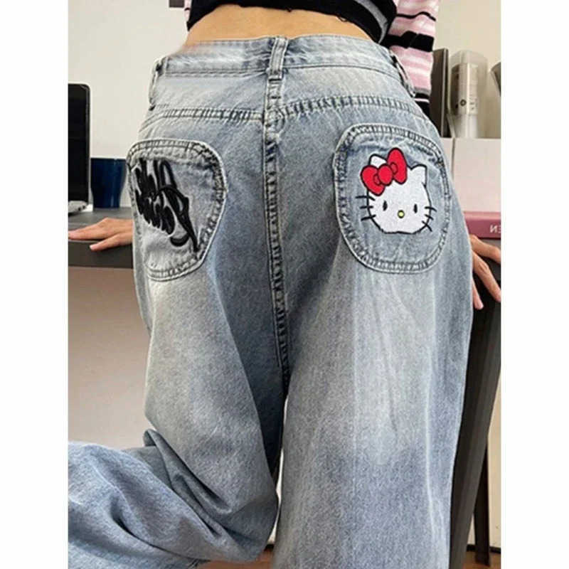 Sanrio Hello Kitty Y2k Jeans Cartoon Vintage Letters Embroidered Jeans High Waist Loose Wide Leg Pants High Street Womens Pants L250925