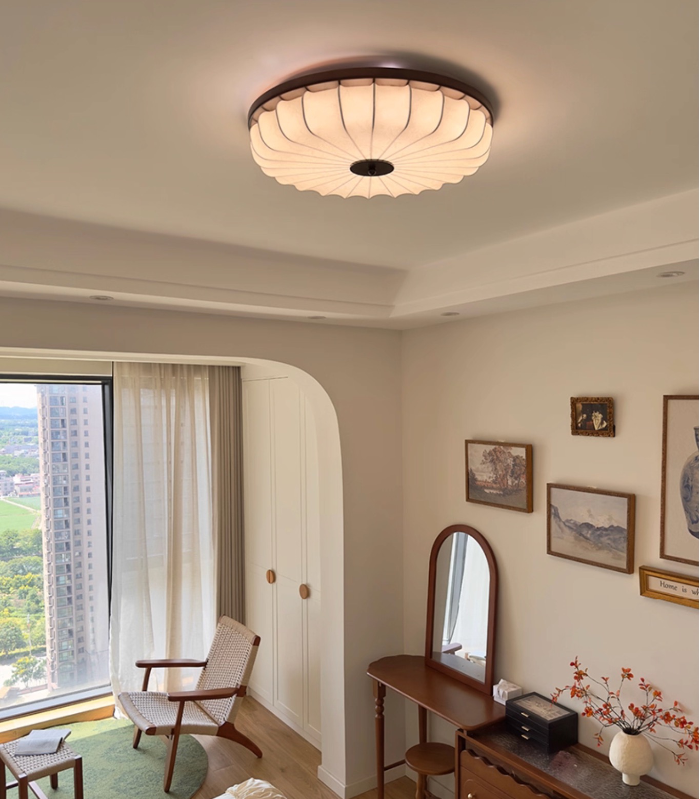 Vintage Walnut Ceiling Lights Fixture Retro French Cloth Ceiling Lamps European Classic Living Room Dining Room Bedroom High End Lustre Easy to Clean