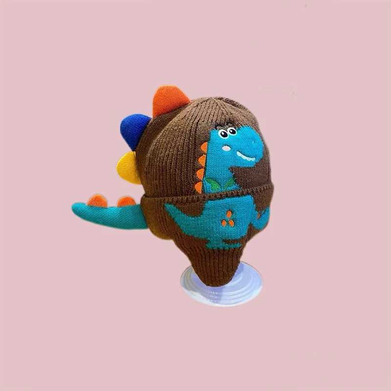 Winter Beanie Caps Cartoon Dinosaur Pattern Ear Protection Knitted Hat For Kids Boys Cute Warm Children Crochet Hats Gorros L250925HJ0F