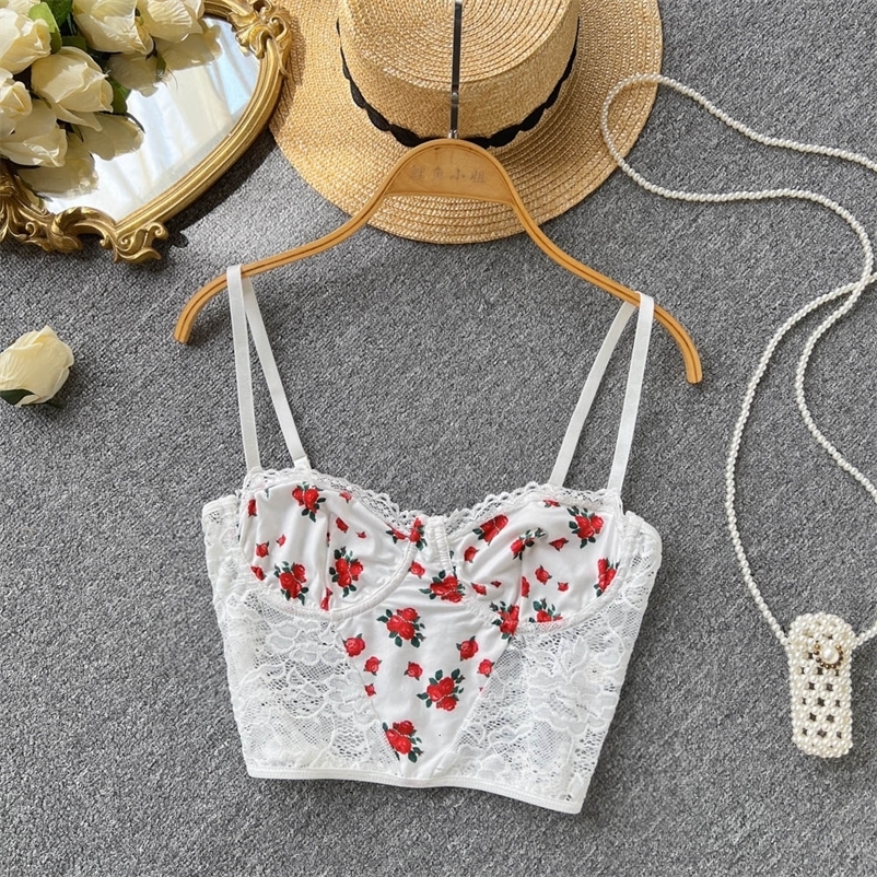 Camisoles Tanks Spaghetti Strap Tank Camis For Women Casual Floral Print Lace Patchwork Corset Crop Tops Chic Woman Tanks Camisoles Drop 230503