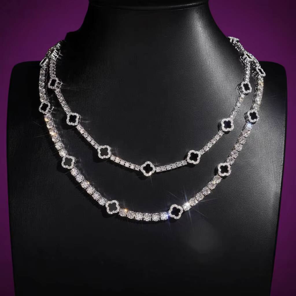 GRA 925 Solid Silver Tennis Chain 3mm 5mm Black Agate Clover Moissanite Tennis Chain Necklace Bracelet Fine Moissanite Jewelry