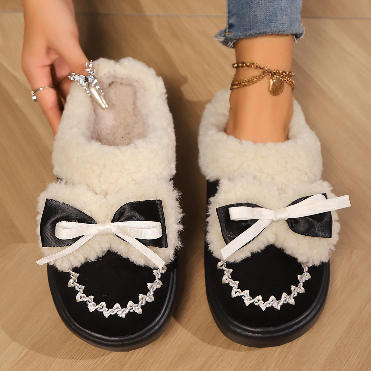 Cute Bow 2025 Autumn Winter New Plush Warm Outdoor Thick Sole Cotton Slippers for Women ddmymarket