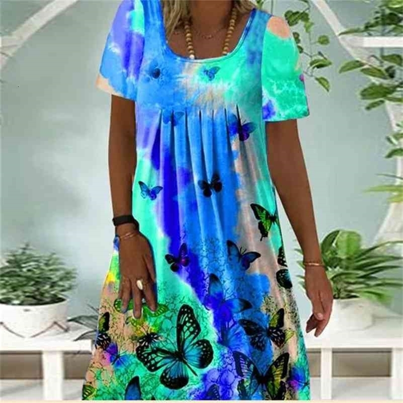 Women's Summer Autumn Short Sleeve Round Neck Pleated Printed All-Match Dress Women Fashion Casual Loose Dress 210630