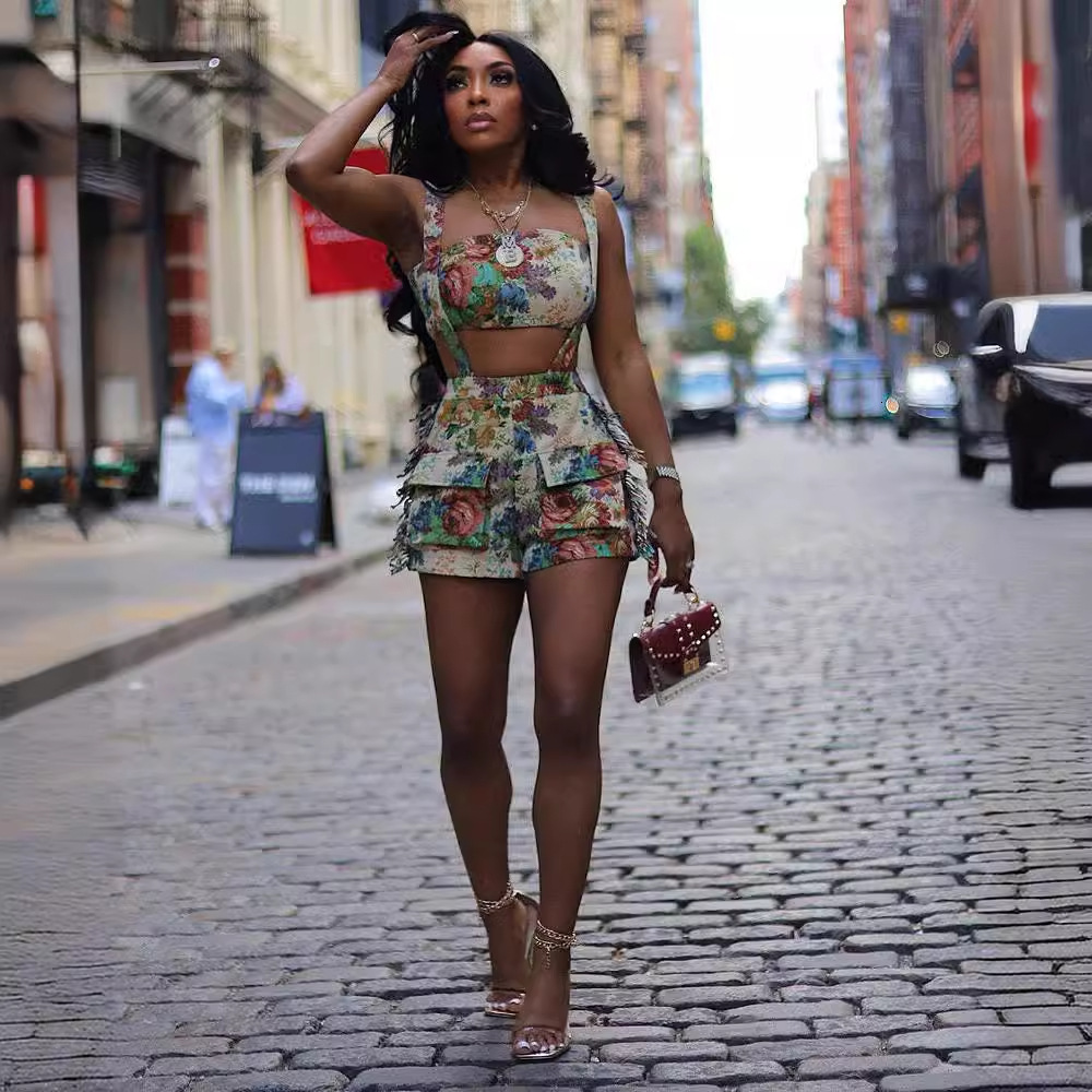 Women's New Street Floral French Court Style Strapless Tassel Strap Shorts Set