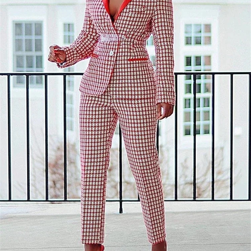 CM.YAYA Elegant Houndstooth Blazer Suit and Pants Two 2Piece Set for Women Autumn Winter Classic OL Street Outfit Tracksuit 240809