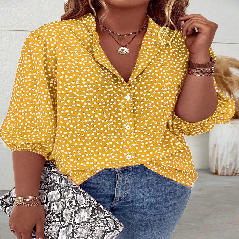 Womens Top Daisy Printed Mid Sleeve Collar Button Loose Shirt 250402