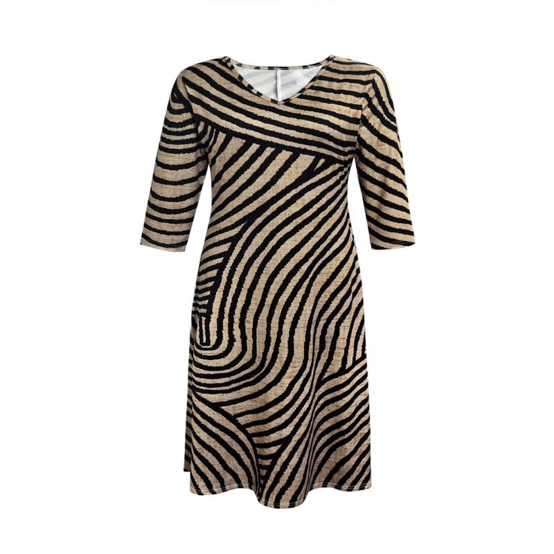 Women's Plus Size V-Neck 3/4 Sleeve Vintage Line Print Milk Silk Casual Maxi Dress-YL25379