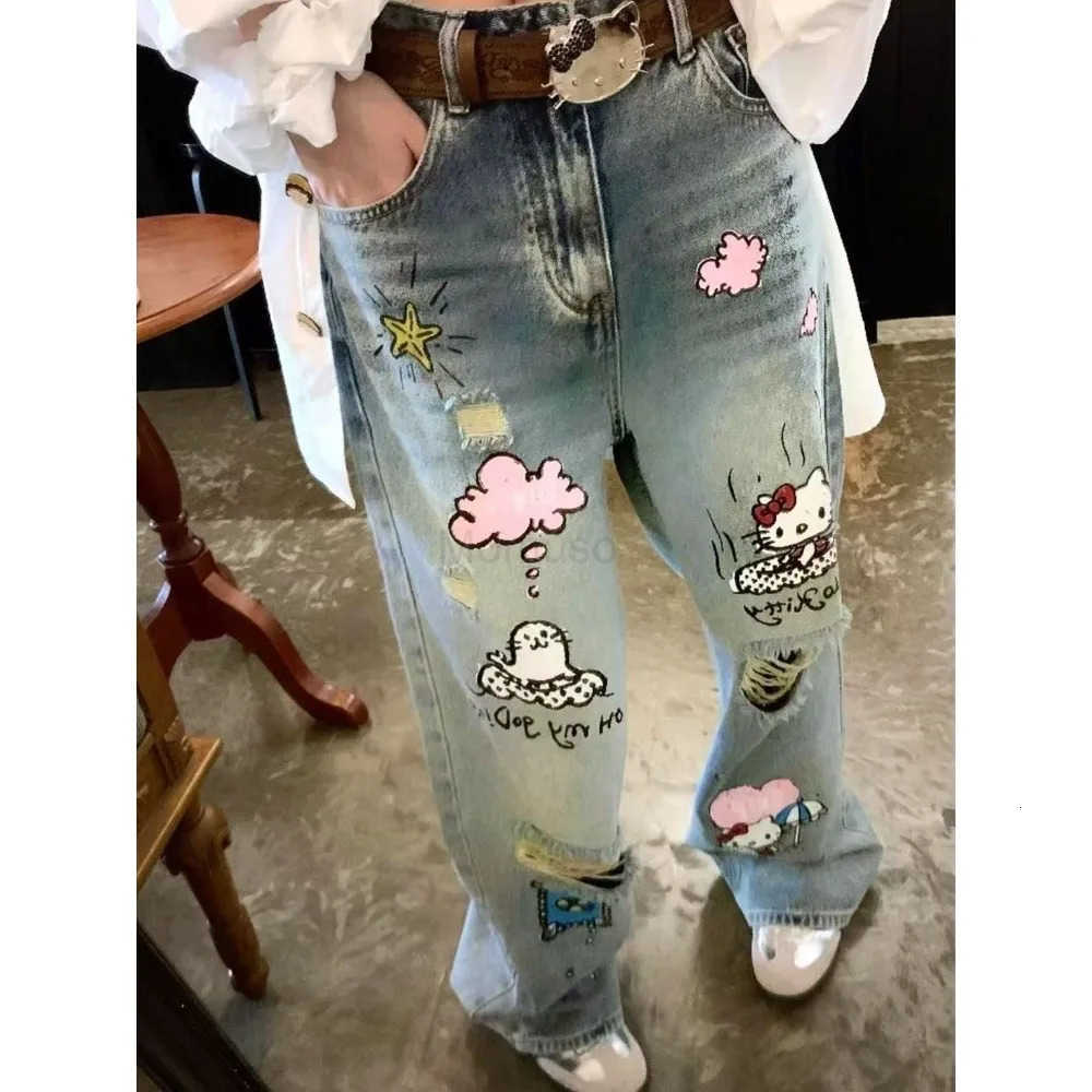 Sanrio Kawaii HelloKitty Streetwear Jeans Woman Hip Hop Style Distressed Washed Ripped Design Loose Fit Oversized Wide Leg Pants L250925
