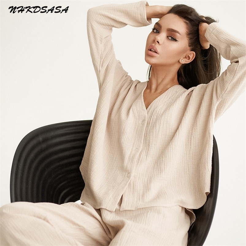 Women's Sleepwear Khaki Pure Cotton Sleepwear V Neck Single Breasted Wide Leg Pants Trouser Suits Drop Sleeves Set Woman 2 Pieces Loungewear 2302