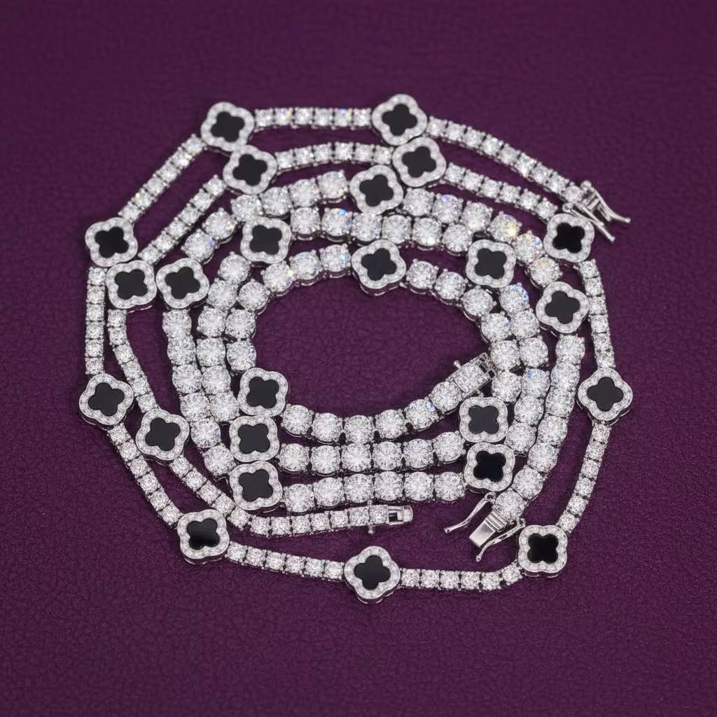 GRA 925 Solid Silver Tennis Chain 3mm 5mm Black Agate Clover Moissanite Tennis Chain Necklace Bracelet Fine Moissanite Jewelry