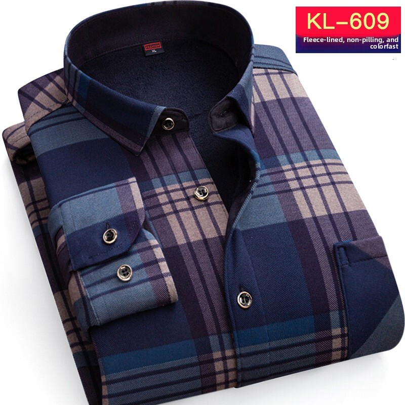 Autumn Winter Men's Fleece-Lined Non-Pilling Non-Fading Plaid Top Warm Middle-Aged Shirt