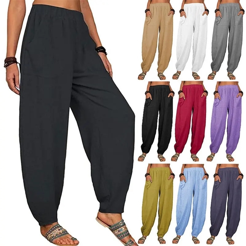 Women's Pants Capris Women Harem Pants Summer Casual Vintage Cotton Linen Pants Elastic Waist Wide Leg Fashion Loose Pockets Female Trousers S-5X