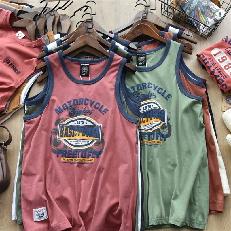 American Letter Print 100% Cotton Sleeveless Vest for Men Vintage Summer Casual Loose Versatile Camisole T-shirt Tees Tank Tops 250225