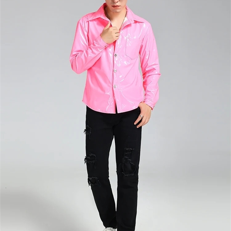 Mauroicardi Spring Autumn Cool Short Shiny Reflective Stretchy Fitted Patent Faux Leather Shirt Jacket Men Y2K Streetwear 240703